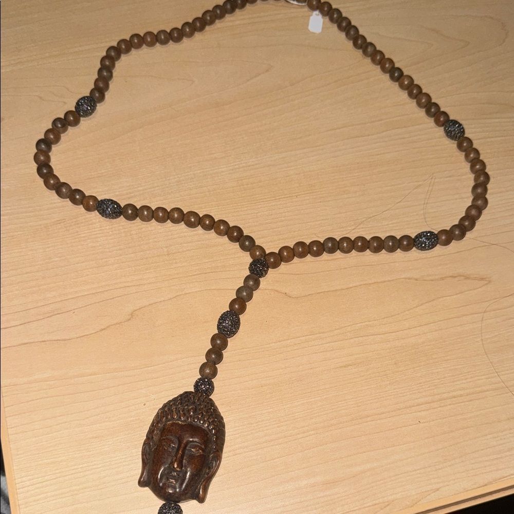 Buddah Head Pendant VINTAGE Beaded Necklace - Long Wooden & Rhinestone Beaded